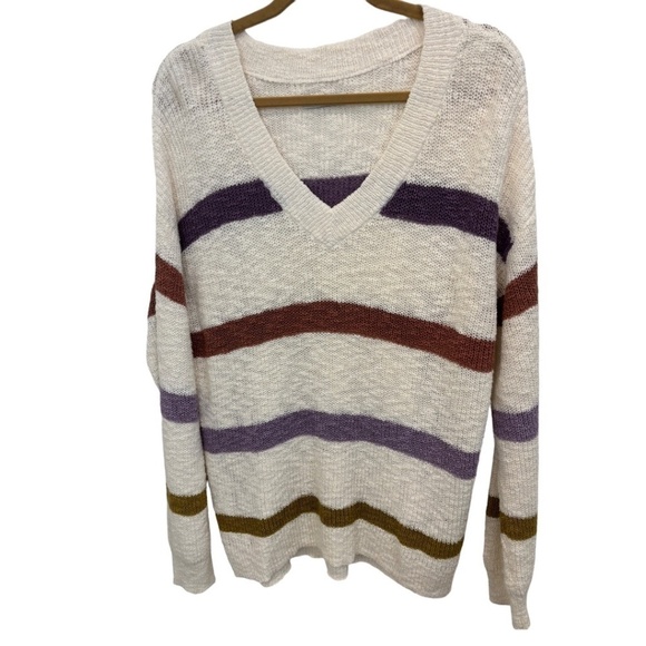 Sonoma V-Neck Off White Striped Long Sleeve Oversized Women's Sweater Size Large - Picture 1 of 3